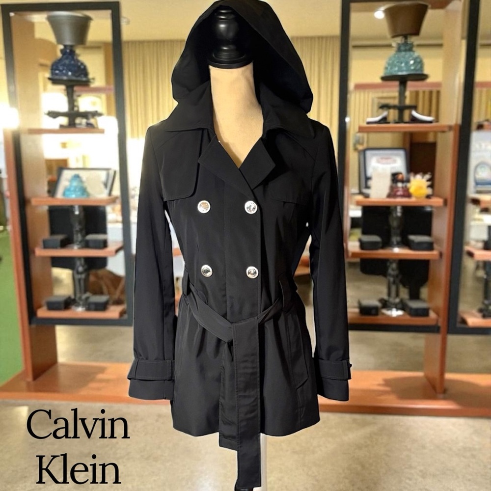 Calvin Klein-Classy black trench coat. Size small. Silver details/Hood. Like new - Picture 10 of 16